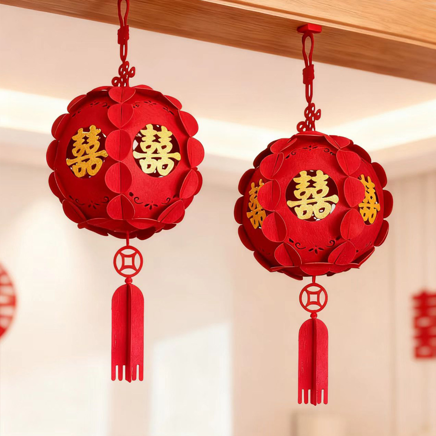 结婚喜字灯笼婚房装饰立体镂空大红花球挂饰婚礼布置喜庆吊顶挂件