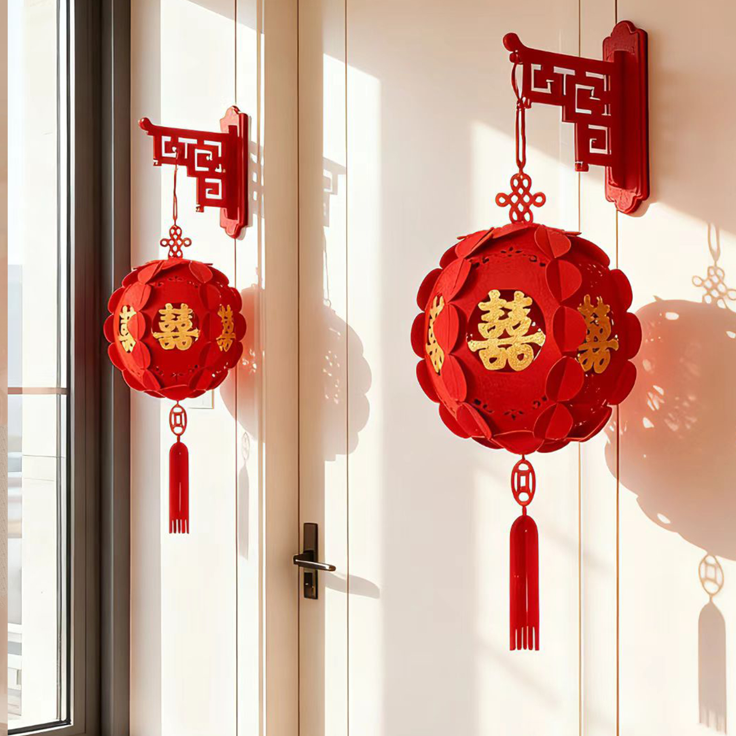 结婚喜字灯笼装饰中国风红色无纺布花球挂件婚房布置喜庆门口挂饰