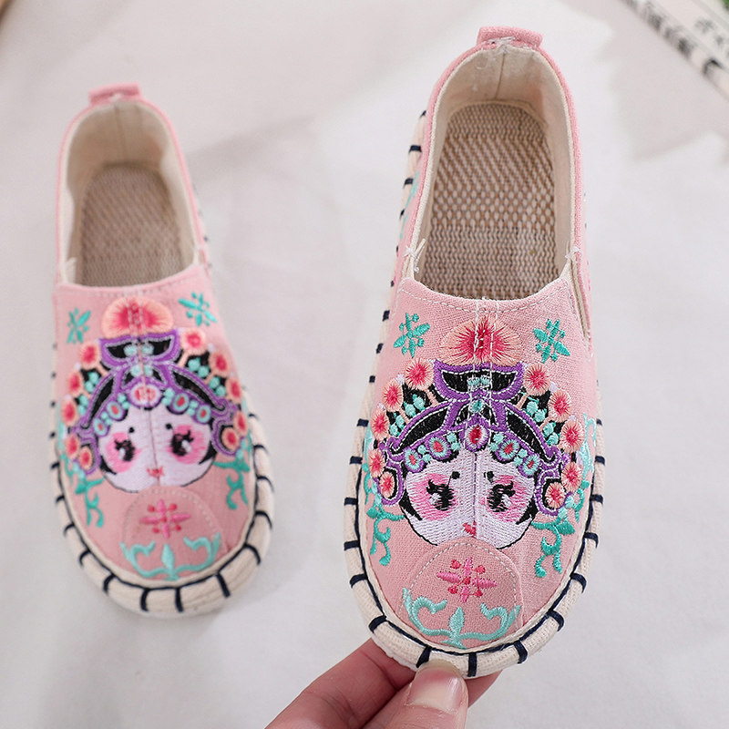 棉布北京布鞋千层底手工民族风绣花鞋中小儿童古装汉服女童粉红色