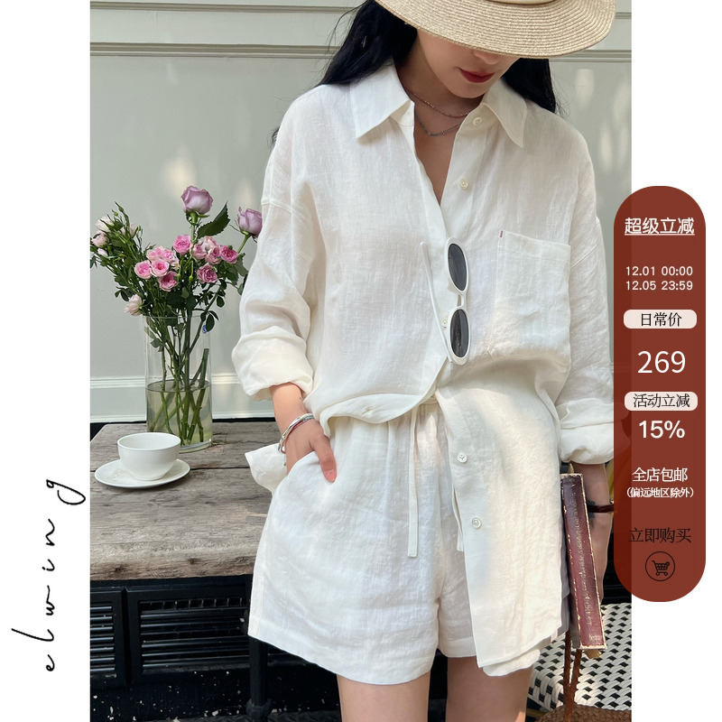 松弛慵懒夏日全亚麻衬衫短裤套装