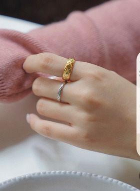 Elwing原创纯银镀金编织纹戒指女法式小众精致简约素圈食指戒饰品