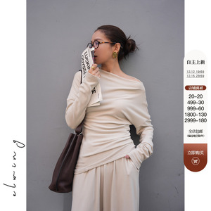Elwing羊毛拉绒云感休闲套装高弹斜肩上衣垂感阔腿长裤两件套女秋