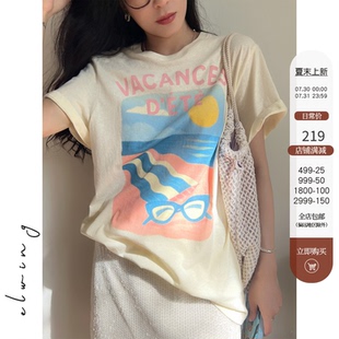 T恤女夏季 Elwing原创云感软糯植物染木棉印花宽松短袖 设计感上衣