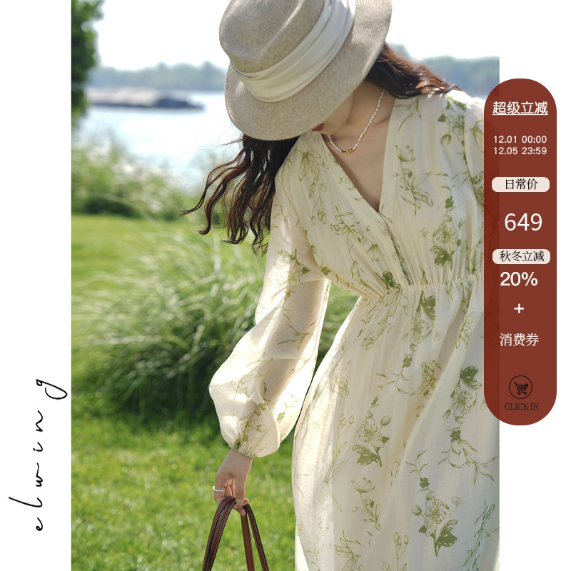 天丝亚麻水墨印花大摆连衣裙