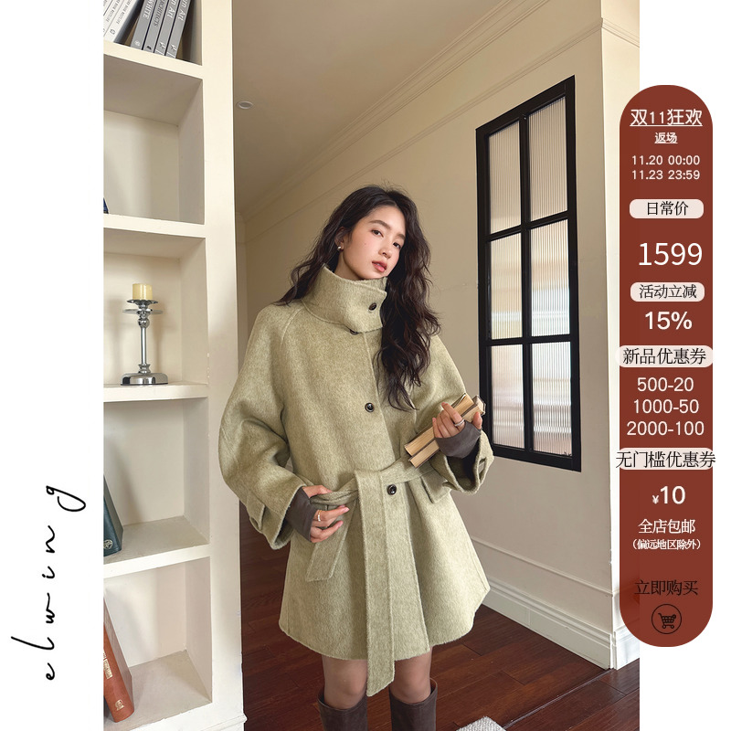 Elwing原创骆驼绒羊毛立领中长款腰带毛呢大衣外套
