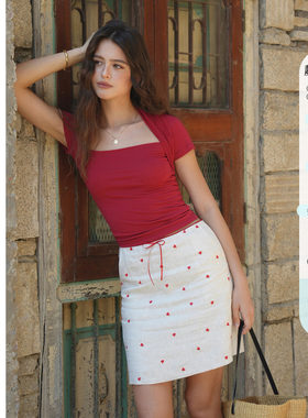 Elwing法式100亚麻高腰A字短裙