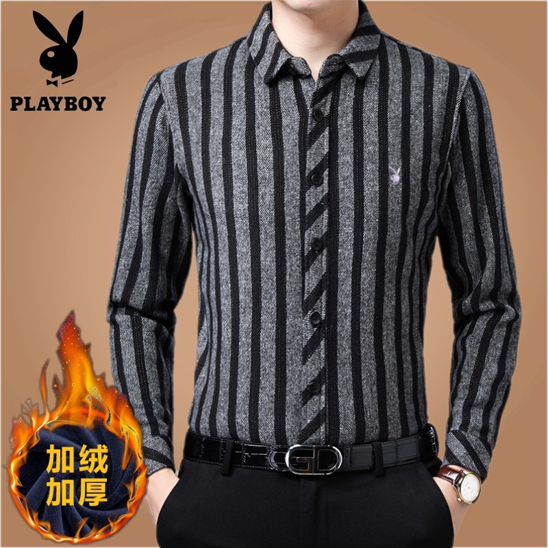 花花公子冬季保暖衬衫男士长袖羊毛加绒加厚中年条纹羊绒爸爸衬衣