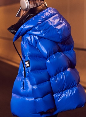 90鹅绒服2025新款冬季中长款极寒加厚蓝色大码潮牌情侣连帽羽绒服