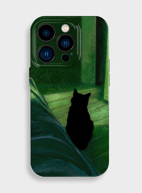 黑猫凝视斑驳绿色适用iphone15手机壳菲林苹果14promax全包13小米12华为mate60小众oppo一加vivo三星S24个性
