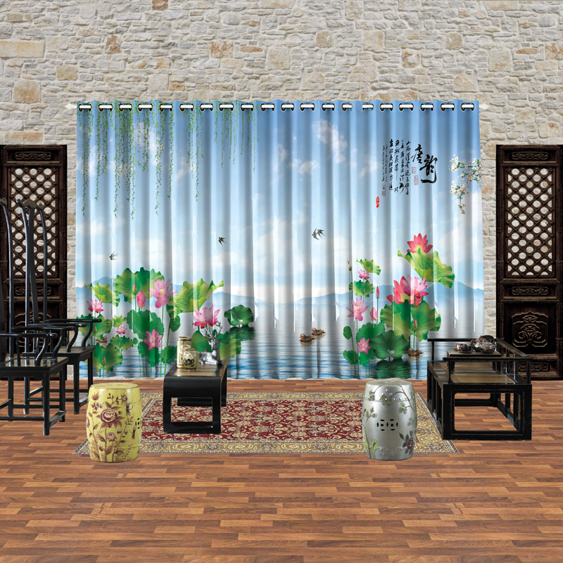3D数码印花中国风山水荷花办公室客厅书房卧室飘窗落地遮光窗帘