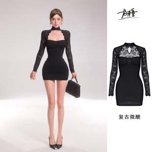 赫本风连衣裙显瘦气质辣妹修身 蕾丝长袖 挂 复古微醺 龙牙童推荐