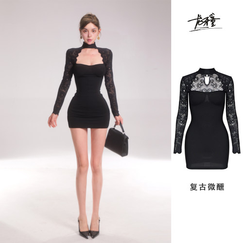 龙牙童推荐【复古微醺】蕾丝长袖赫本风连衣裙显瘦气质辣妹修身挂