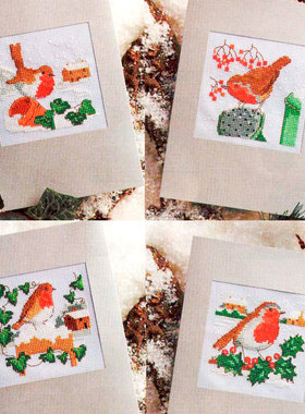 精准印花套件小小鱼DMC十字绣线 Col152-2红色知更鸟4幅