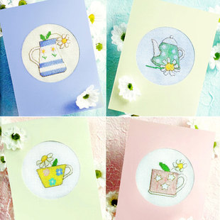 四款四色布卡通手工刺绣家居小小鱼DMC十字绣线 Col149-3绽放茶具