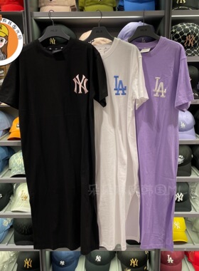 韩国MLB正品2021新款刺绣大标开叉T裙短袖中长款连衣裙31OP10131