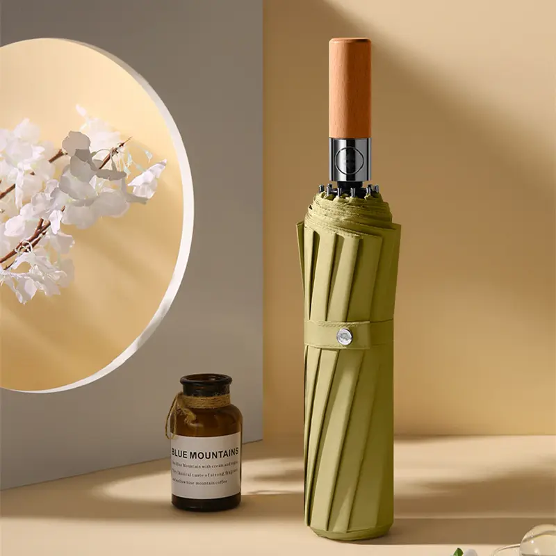 12骨大号抗风全自动雨伞自动折叠商务125cm实木手柄礼品纯色合金