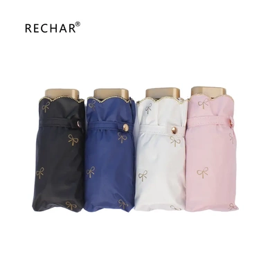 现货R5043蝴蝶结刺绣扁六折伞RECHAR绣花边遮阳伞晴雨伞折叠超轻