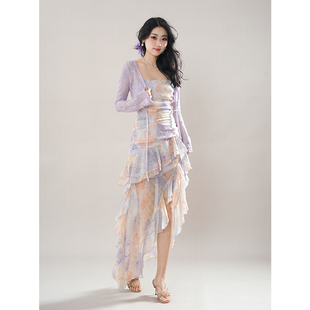 法式裙子露肩连衣裙女白月光穿搭连衣裙+绑带春天针织开衫两件套