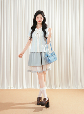 VIntage复古古着风穿搭气质蝴蝶结蓝色上衣+蕾丝拼接半身裙两件套