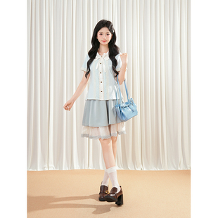 VIntage复古古着风穿搭气质蝴蝶结蓝色上衣 蕾丝拼接半身裙两件套