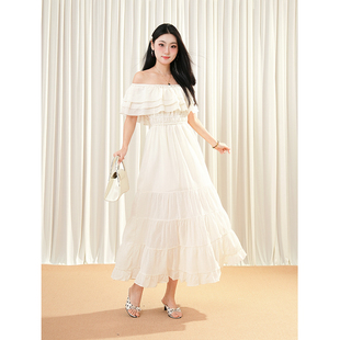 2025夏季新款氛围感绝美一字肩收腰显瘦简约长款连衣裙小个子女装