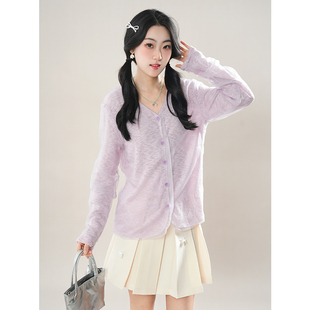 风信子 韩系气质透透纱上衣+半裙温柔设计感粉紫v领衬衫两件套
