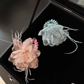 早春新款 ins仙女风羽毛花朵电话线发圈女扎马尾丸子发绳气质皮筋