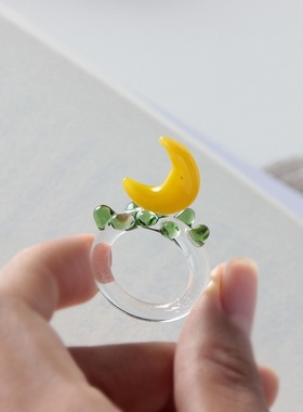 淄博琉璃月亮戒指原创设计玻璃桂花梨花手工小众饰品 拍照网红