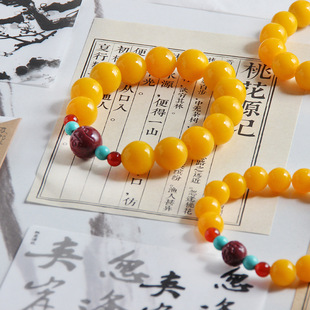 新款淄博博山复古佛珠手链老琉璃手串网瓜棱鸡油黄手链景区