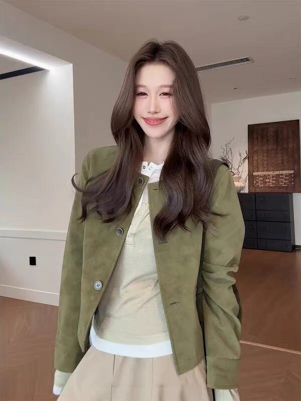 法式老钱风简约设计感小香风绿色植绒皮衣短外套女秋季显瘦夹克潮