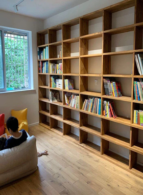 老榆木书架定制免漆落地全实木书架定做隔断置物架多层满墙格子架