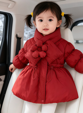 m356女宝加厚洋气网红韩版时尚新款红色冬装甜美女童保暖年服外套