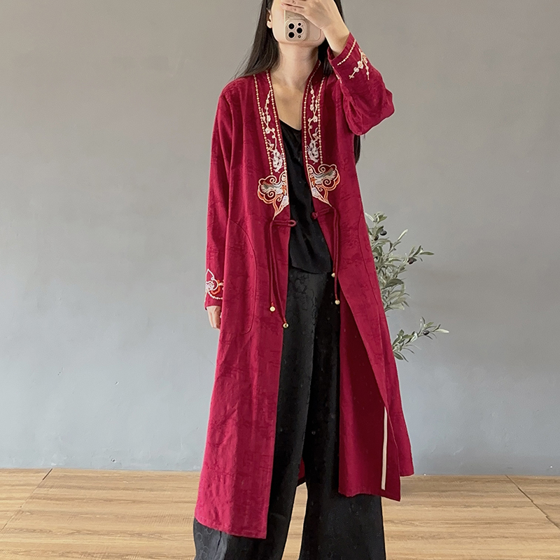 民族风复古文艺范刺绣棉麻外套女春秋中式茶服开衫中国风长款风衣