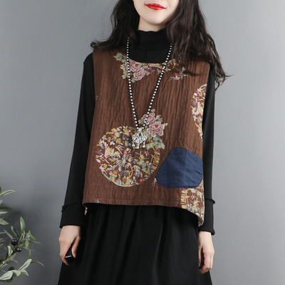 套头民族风短款圆领印花棉麻马甲