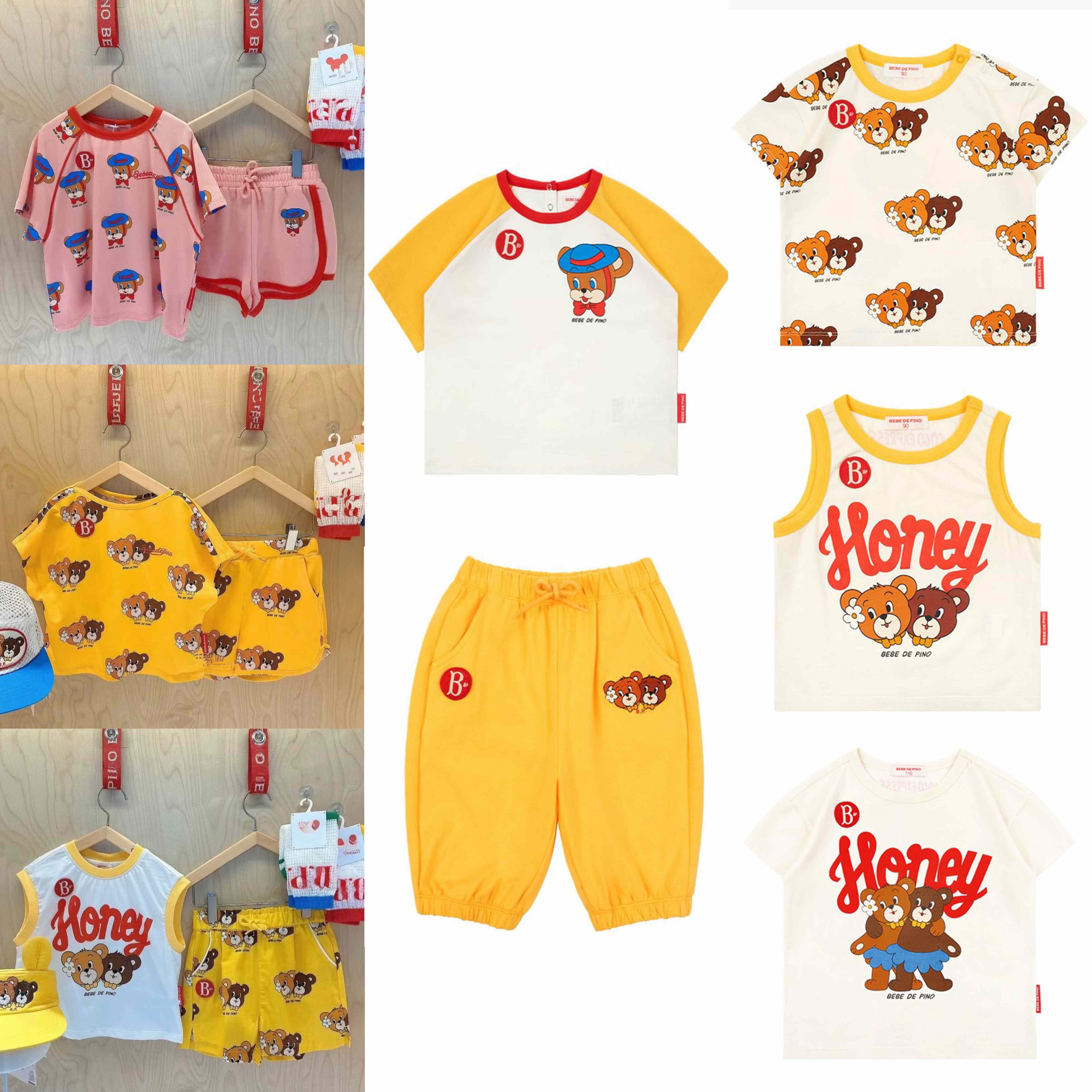 BabyKing25夏be姐弟小熊满印短袖T恤热裤男女童休闲背心9分裤套装