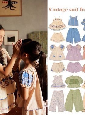 BabyKing 25夏季APO新款女童田园风高定重工打揽上衣短裤两件套装