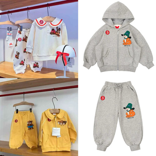 BabyKing25秋冬款BE小兔水手领米白卫衣卫裤灰色小狗小熊拉链套装