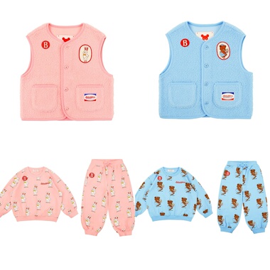 Babyking 25秋冬新款BE儿童男女童宝宝蓝色小熊马甲卫衣卫裤套装