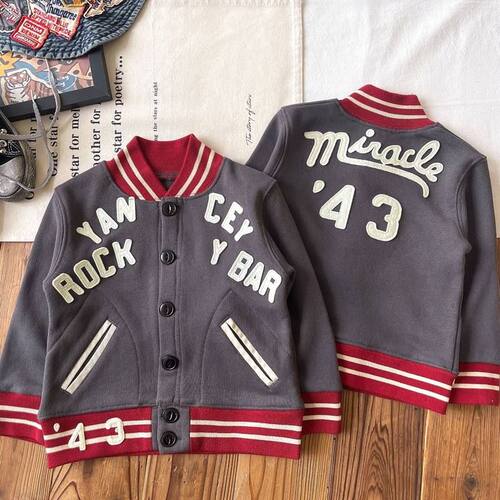 BabyKing 25新品日系童装中古DD儿童复古字母贴布棒球服外套开衫