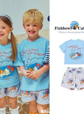 BabyKing 25夏4BE新品儿童休闲两件套中小童卡通猫鱼印花短袖裤套