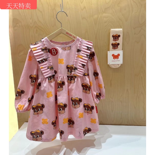 Babyking 26春季新款THEO满印熊粉色棉梳织皱褶连衣裙儿童宝宝