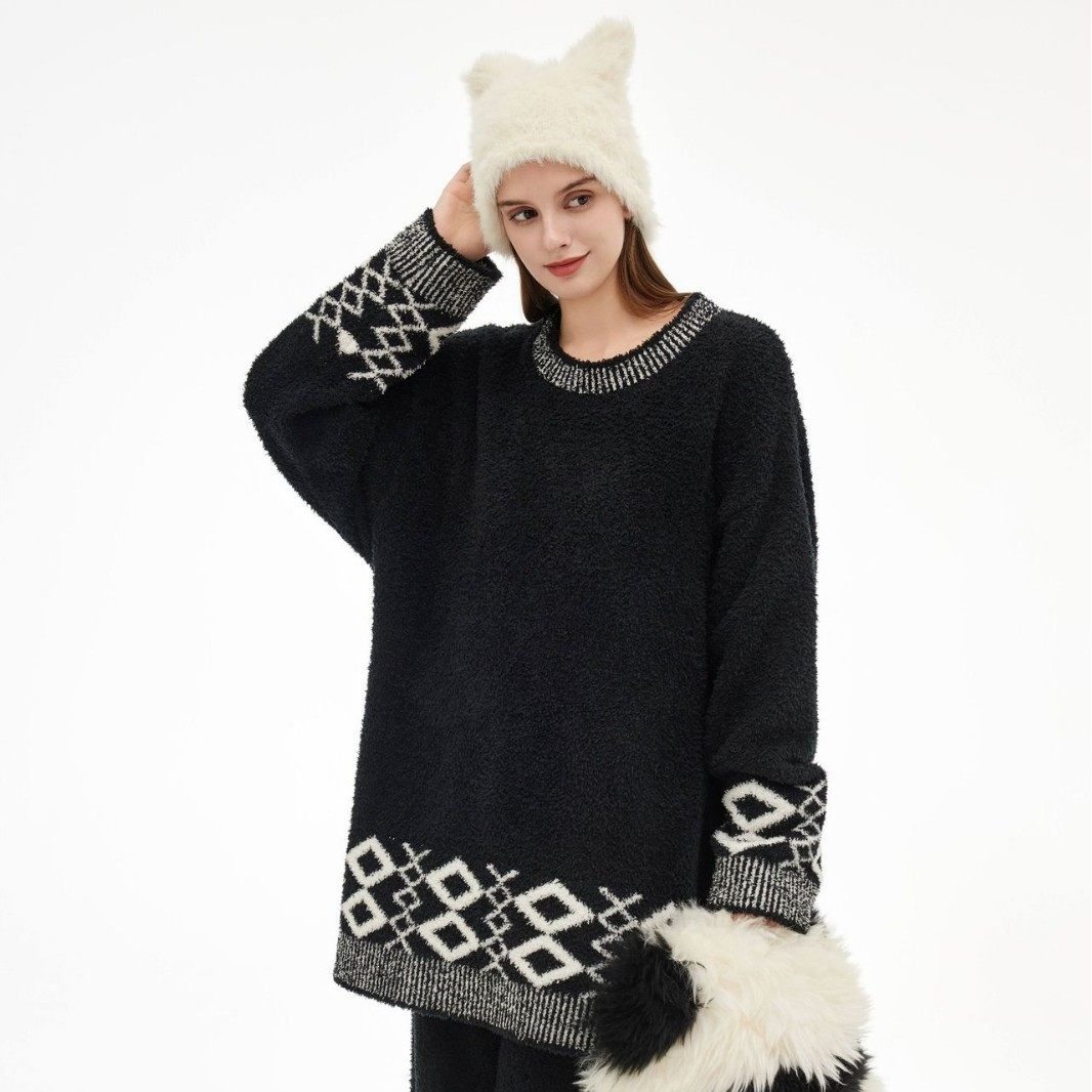 Yase【星织几何】韩国小众冬季新款复古宽松菱格圆领费尔岛睡衣套