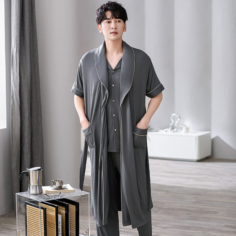 莫代尔三件套睡衣男睡袍夏季短袖长裤男士春秋棉绸浴袍大码家居服