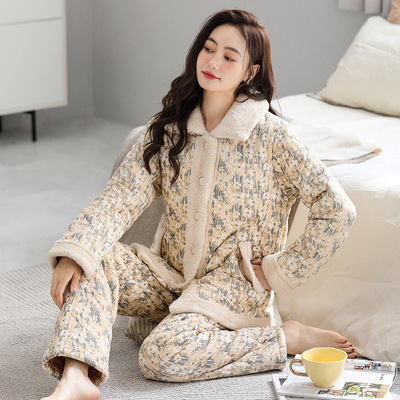 冬季夹棉睡衣女纯棉中年妈妈秋冬款三层加厚短袖保暖家居服套装