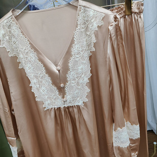 家居服 100桑蚕丝夏季 V领性感蕾丝重磅真丝睡衣套装 女大码