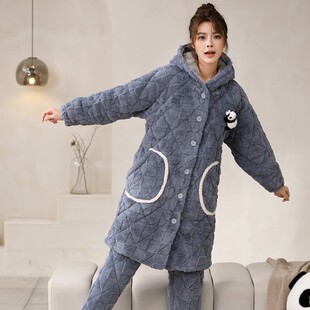 新品女士三层夹棉家居服可爱卡通加长加厚睡衣可外穿套装一件代发