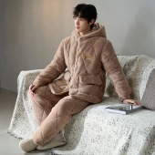 加绒加厚可外穿家居服套装 男士 连帽三层夹棉长袖 2024冬季 睡衣男款