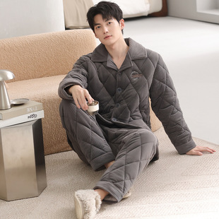 冬季 睡衣男士 冬天三层加厚超厚夹棉加绒珊瑚绒法兰绒家居服秋冬款