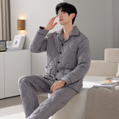 男士 三层夹棉睡衣冬天加厚加绒纯棉保暖棉袄防静电青年家居服套装
