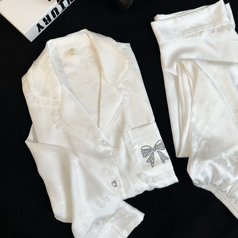 Yase【黑白漪梦】烫钻蝴蝶结冰丝睡衣春秋长袖高级感贵气长袖套装